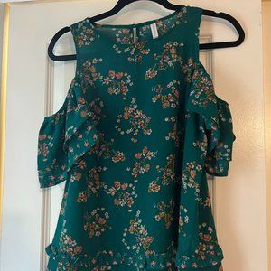 Teal Floral Cut Out Sleeve Top